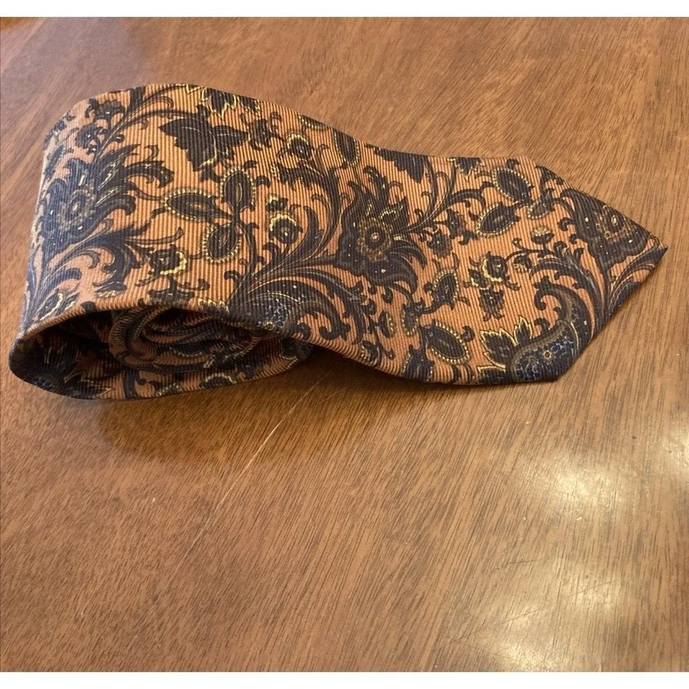 Ike Behar New York Mens Silk Tie Orange Navy Blue Gold Floral Paisley Ribbed